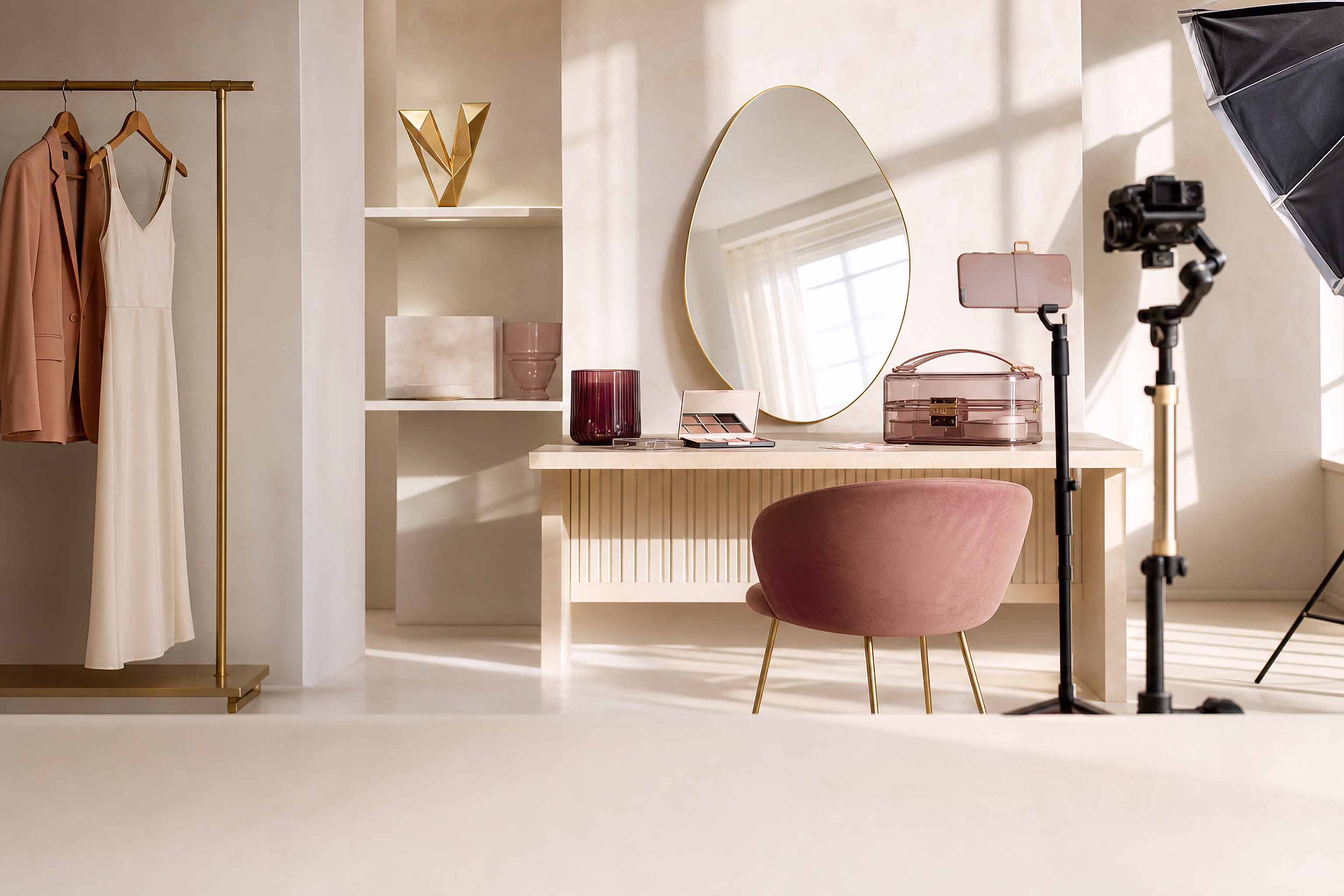 A bright Vellora Creator Studio with a compact camera, phone rig, styling rail, curved mirror, and gold V emblem.